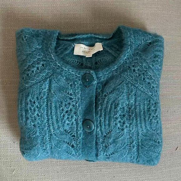 NEW Sezane Alma Cardigan XSmall Peacock Blue Kid Mohair Sweater Knit French - Picture 5 of 9